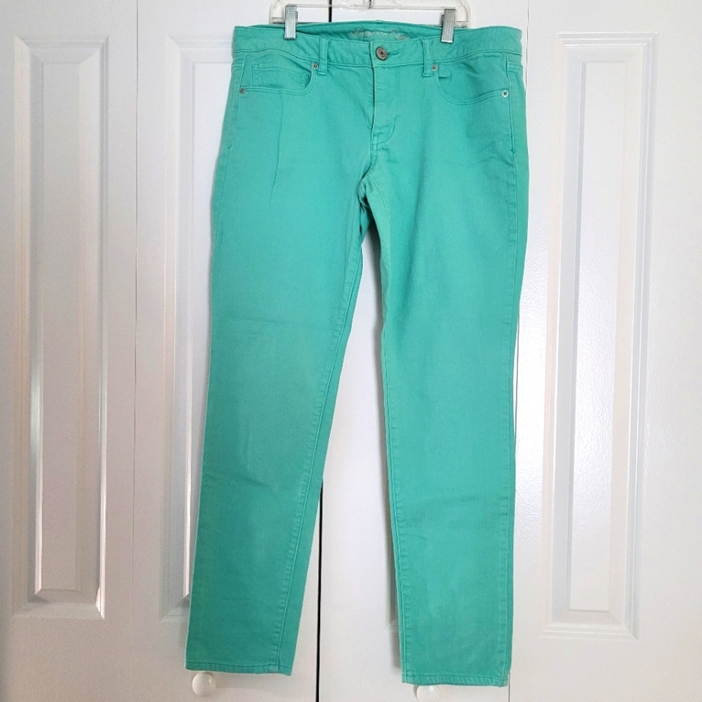 American Eagle Outfitters women's size 12 skinny stretch teal jeans